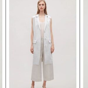 COS Sleeveless Satin Linen Blend Sleeveless Blazer Long Line Vest Trench 8 Ivory